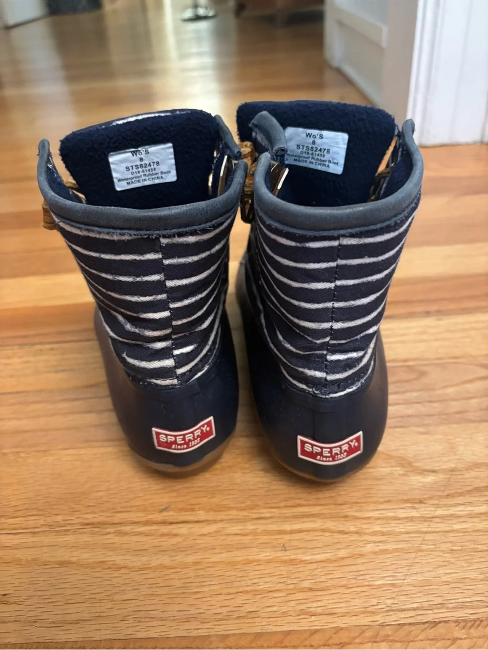 Sperry Navy & White Striped Duck Boots